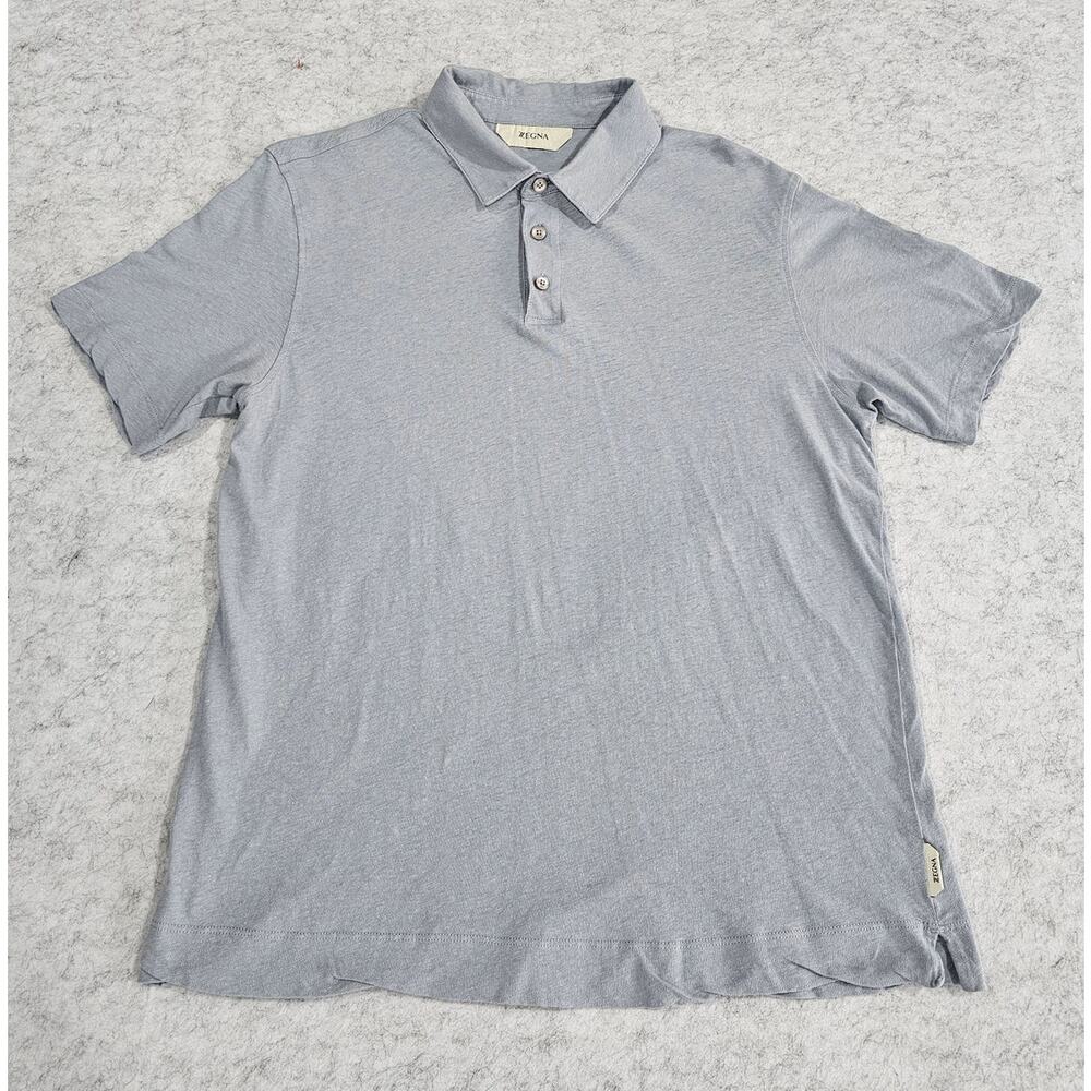 ZEGNA Luxury Cotton Silk Short Sleeve Polo Shirt Light Blue Gray Size S